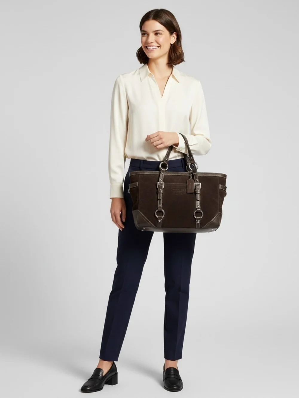 Coach Classic Dark Brown Suede Tote Bag with Metal Ring Accents